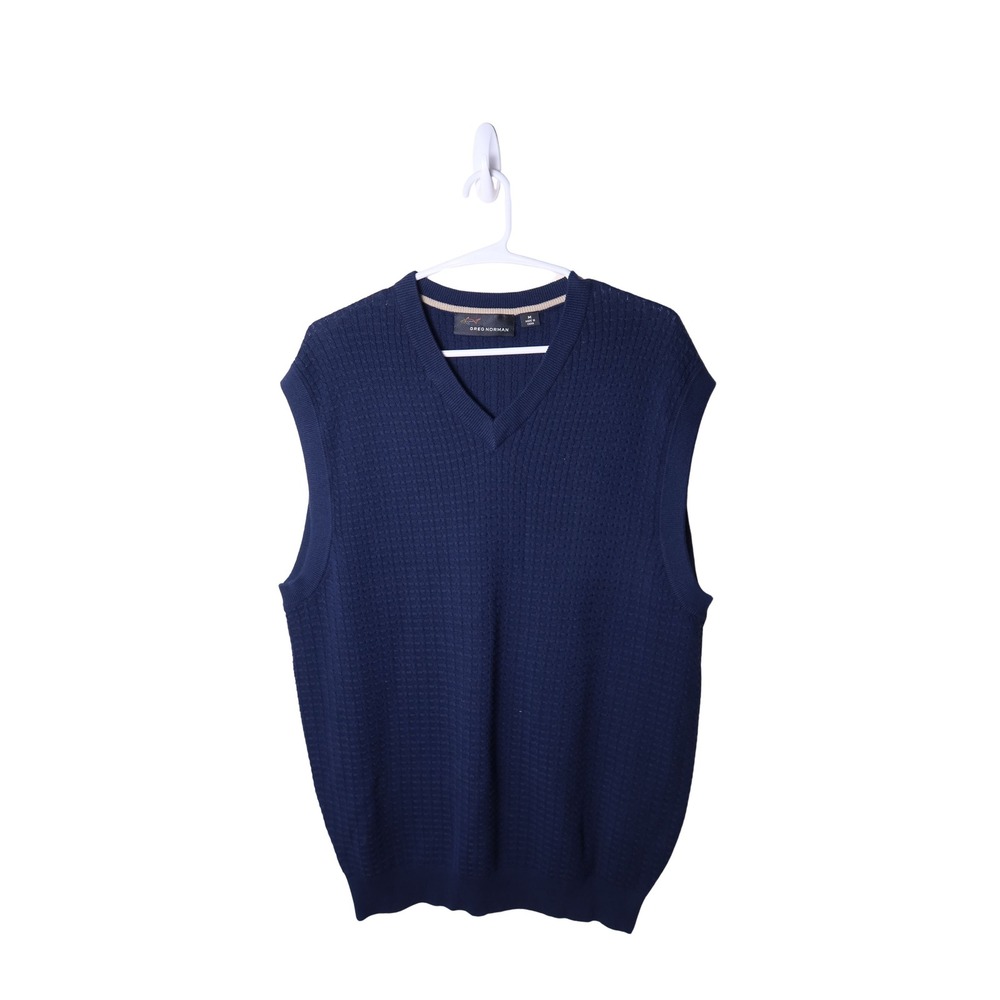 Greg Norman Shark Mens Medium Navy Blue V-Neck Waffle Knit Golf Sweater Vest EX